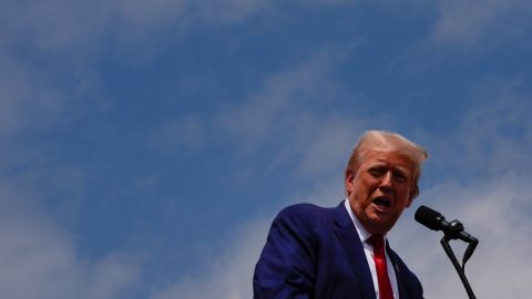 Former President Donald Trump speaks at the North Carolina Aviation Museum in Asheboro, North Carolina, on August 21, 2024.