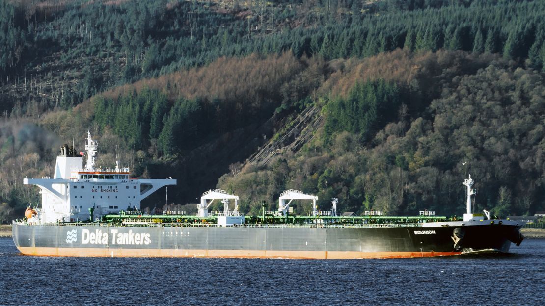 The Greek-flagged oil tanker Sounion, pictured on November 29, 2017 in the United Kingdom, has been one of dozens of ships targeted by the Houthis in the Red Sea.