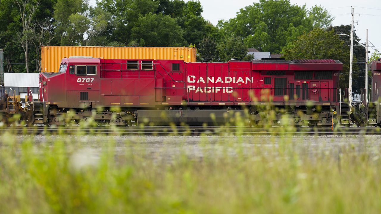 Trains sit idle at a Canadian Pacific Kansas City rail yard in Smiths Falls, Ont.