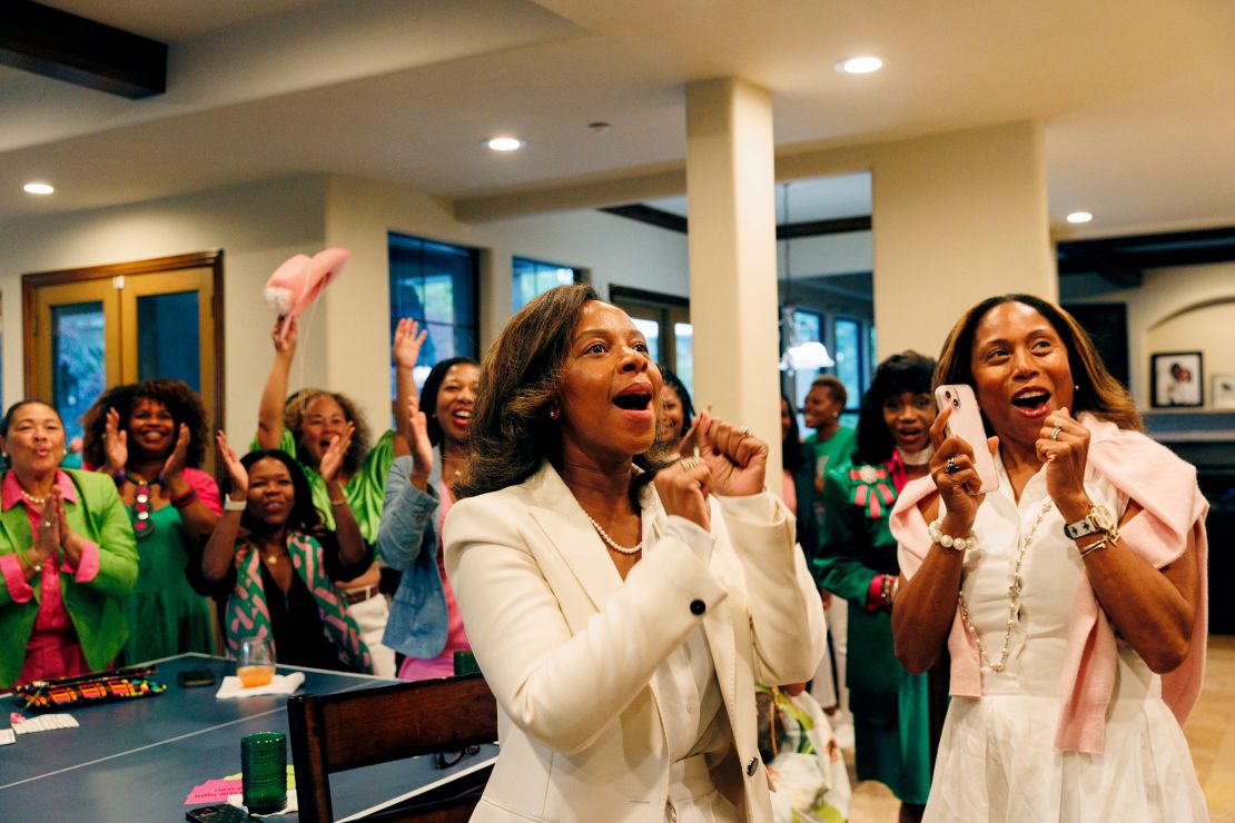 Alpha Kappa Alpha sorority members are seen at a watch party in Pleasanton, California, for Harris' convention speech on August 22, 2024.