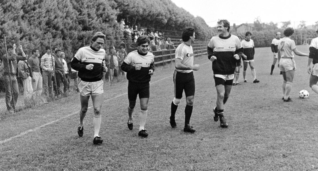 Elkjær Larsen (left) Giuseppe Galderisi (center left), Luigi Sacchetti (center right) and Silvano Fontolan (right) train during the season.