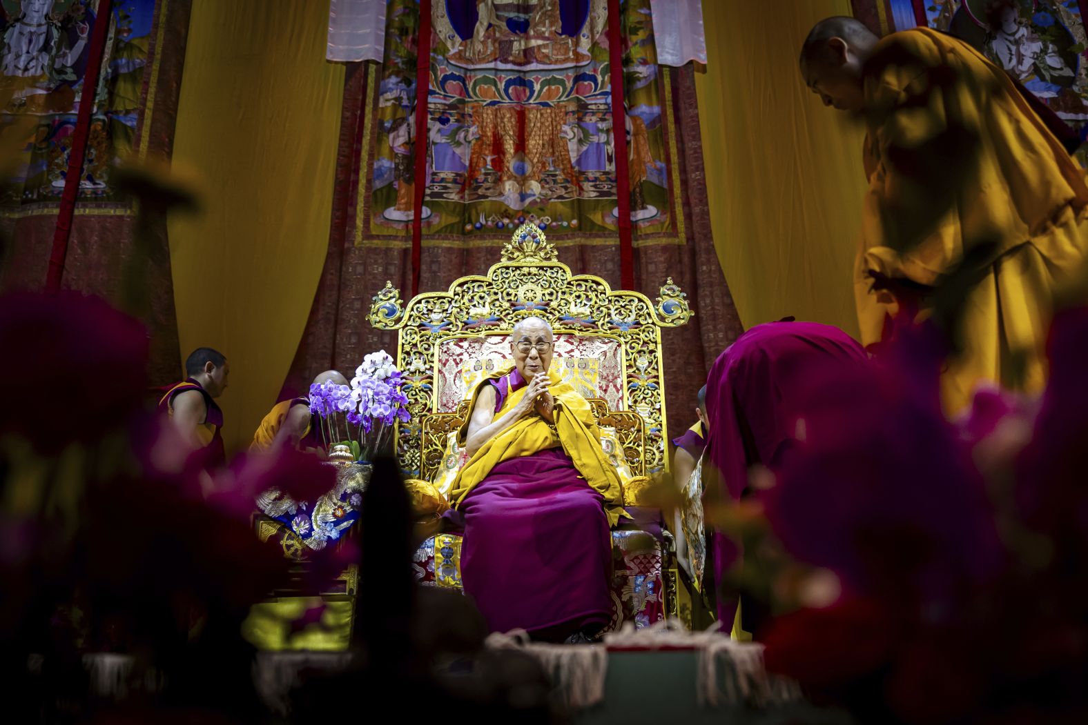 The Dalai Lama attends a public talk at the Hallenstadion in Zurich, Switzerland, on August 2024.