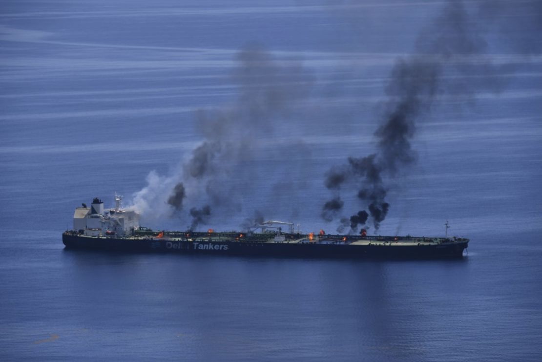 Fires aboard oil tanker Sounion emit fumes after repeated Houthi attacks in the Red Sea in August 2024.