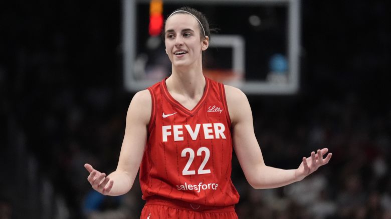 Indiana Fever guard Caitlin Clark (22) reacts after a foul was called on the Fever in the second half of an WNBA basketball game against the Atlanta Dream, Monday, Aug. 26, 2024, in Atlanta. (AP Photo/Brynn Anderson)