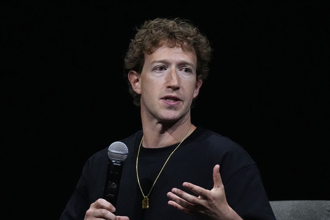 Mark Zuckerberg, chief executive officer of Meta, makes a point during an appearance at SIGGRAPH 2024, the premier conference on computer graphics and interactive techniques, Monday, July 29, 2024, in the Colorado Convention Center in downtown Denver.