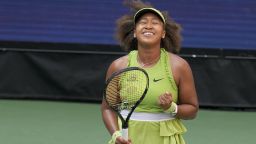 Naomi Osaka, of Japan, reacts after defeating Jelena Ostapenko, of Latvia, during the first round of the U.S. Open tennis championships, Tuesday, Aug. 27, 2024, in New York. (AP Photo/Seth Wenig)