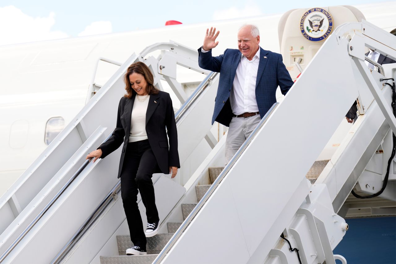 Kamala Harris and Tim Walz arrive at Savannah/Hilton Head International Airport in Savannah, Georgia,  on August 28.