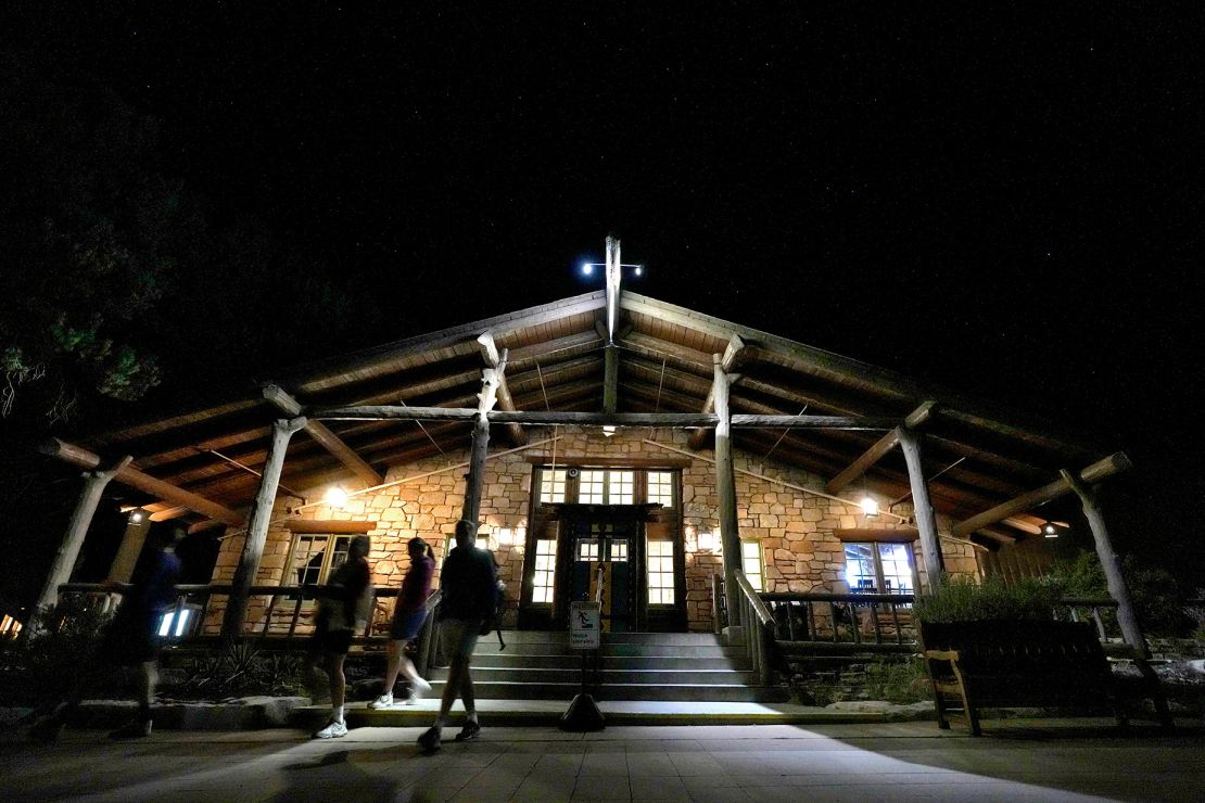 Guests leave the Bright Angel Lodge on August 28, 2024, in the Grand Canyon. Visitors won't be able to stay overnight in hotels at Grand Canyon National Park beginning Thursday after a series of waterline breaks.