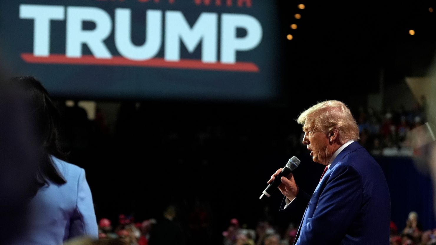 Republican presidential nominee former President Donald Trump speaks during a town hall, August 29, 2024, in La Crosse, Wisconsin.