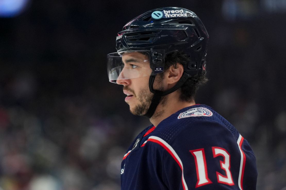 Columbus Blue Jackets' Johnny Gaudreau awaits the face-off during an NHL hockey game against the Nashville Predators, March 9, 2024, in Columbus, Ohio.