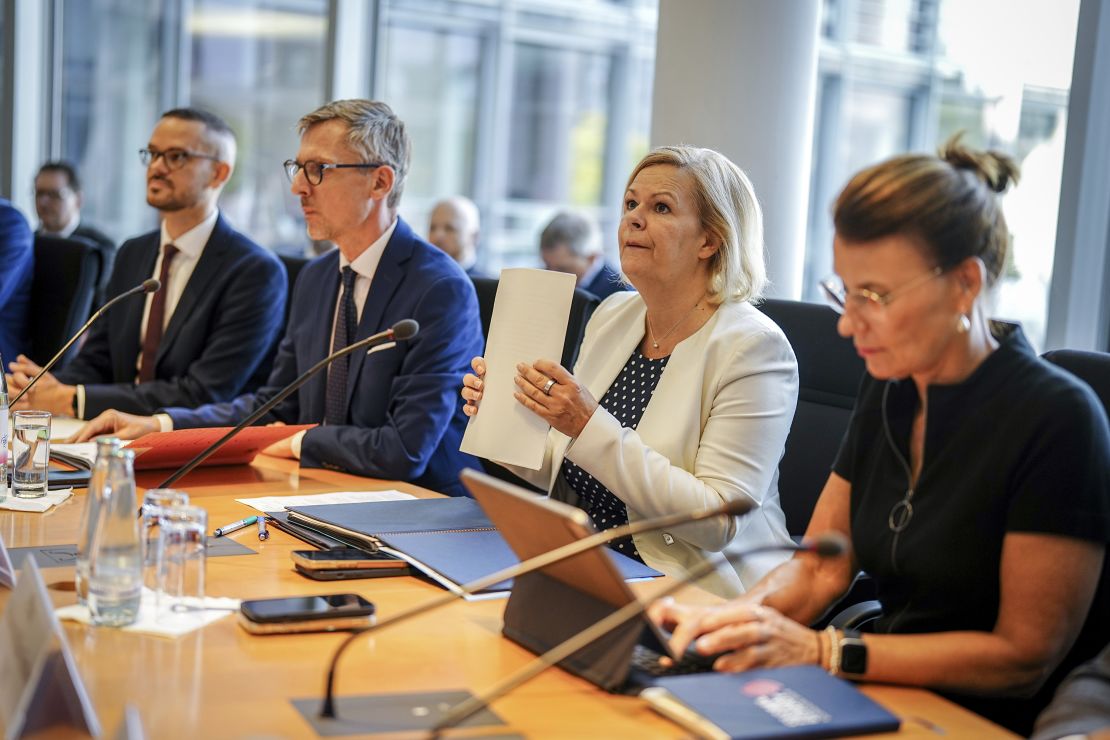 30 August 2024, Berlin: Nancy Faeser (2nd from left, SPD), Federal Minister of the Interior and Home Affairs, takes part in the special session of the Bundestag's Committee on Internal Affairs. The topic is the knife attack in Solingen and the deportation of refugees to Afghanistan. Photo by: Kay Nietfeld/picture-alliance/dpa/AP Images