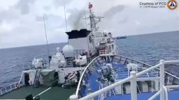 In this image taken from handout video provided by the Philippine Coast Guard, a Chinese Coast Guard ship with bow number 5205, right, and the Philippine Coast Guard vessel BRP Teresa Magbanua collide near the Sabina Shoal at the disputed South China Sea on Saturday Aug. 31, 2024. (Philippine Coast Guard via AP)