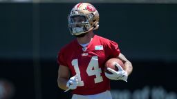 San Francisco 49ers wide receiver Ricky Pearsall carries the ball during the NFL football team's rookie minicamp in Santa Clara, California on May 10, 2024.