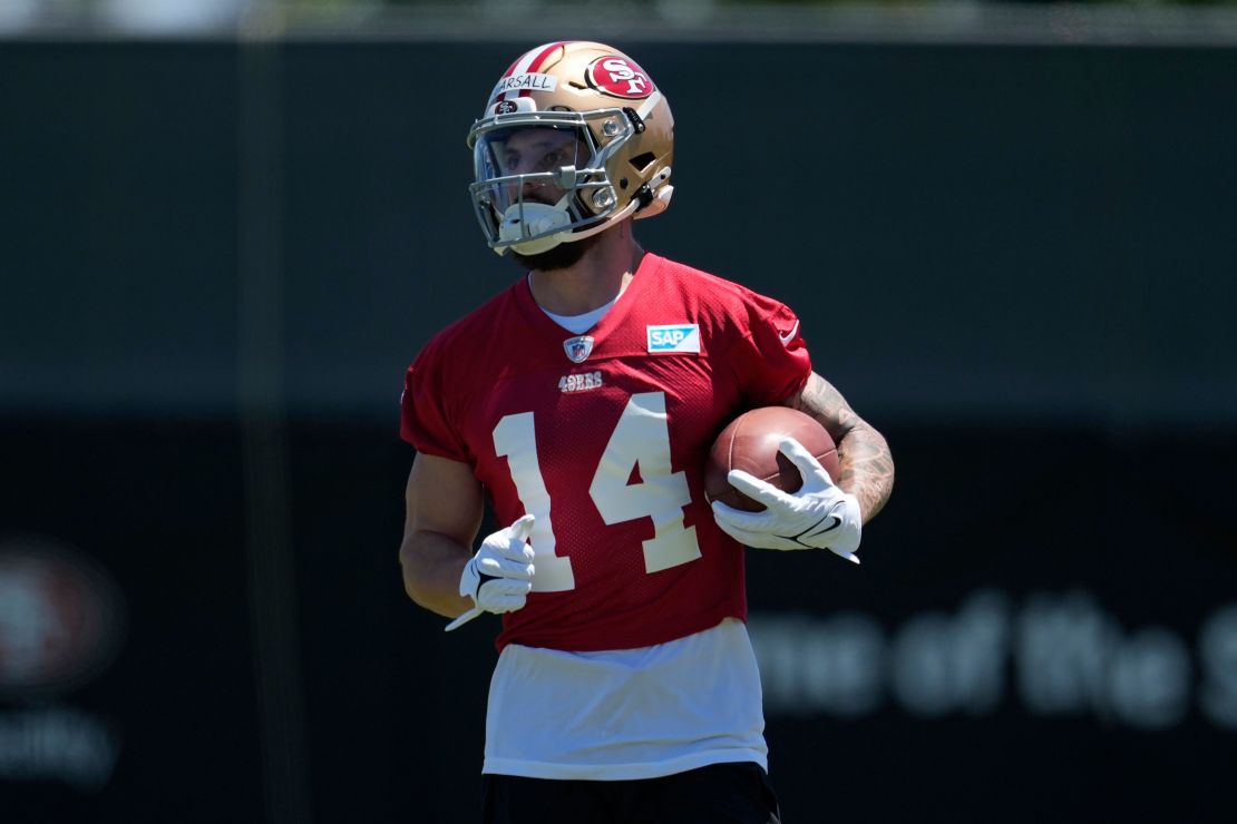 Pearsall carries the ball during the NFL football team's rookie mini camp in Santa Clara, California, on May 10, 2024.