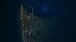 This image, taken in July, shows the bow of the Titanic with a large section of the deck railing now missing.