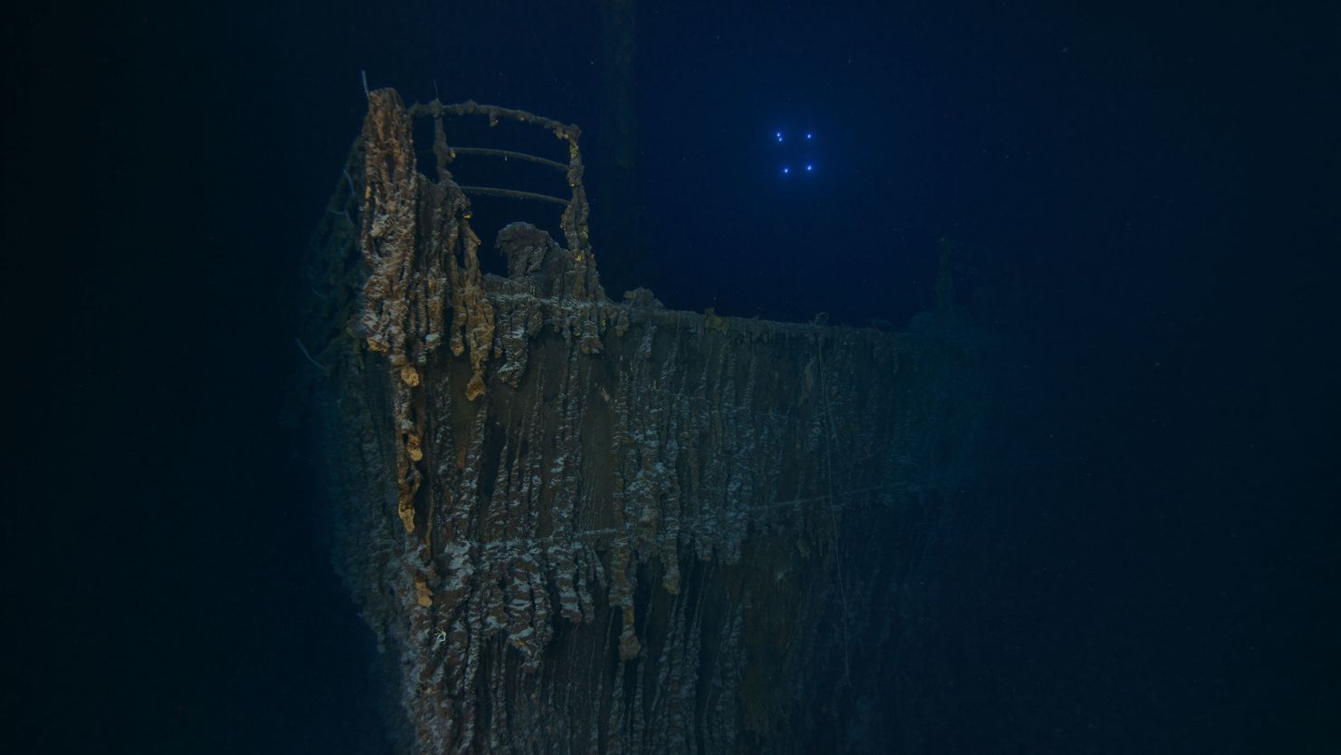 This image, taken during the July expedition, shows the bow of the Titanic with a large section of the deck railing now missing.
