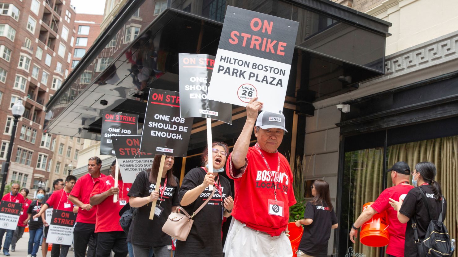 Members of the UNITE HERE Local 26 hospitality union protest outside the Park Plaza hotel in Boston, MA on September 1, 2024. Around 10,000 hotel workers around the country walked off the job at midnight in protest after their negotiations for a new contract stalled.(Sipa via AP Images)