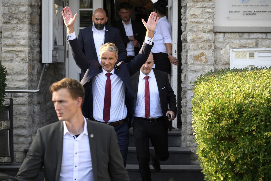 Björn Höcke, the party's top candidate in Thuringia, leaves the AfD's election party on Monday.