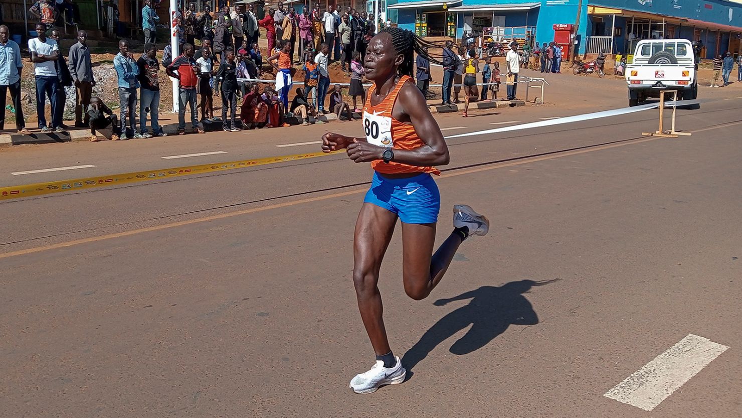 Rebecca Cheptegei competes at the Discovery 10 kilometer (6.2 mile) road race in Kapchorwa, Uganda on January 20, 2023.