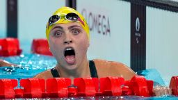 Australia's Alexa Leary reacts after winning the women's 100 m. Freestyle S9 at the 2024 Paralympics, on Wednesday, September 4, 2024, in Paris, France.