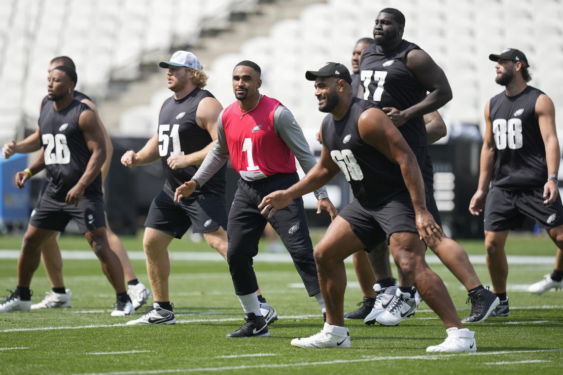 Philadelpha QB Jalen Hurts (in red) and some of the Eagles squad practice ahead of the NFL Brazil game.