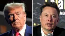 This combination photo shows Republican presidential nominee former President Donald Trump at a campaign event in New York, Sept. 5, 2024, left, and Tesla and SpaceX CEO Elon Musk at the European Jewish Association's conference in Krakow, Poland, Jan. 22, 2024.