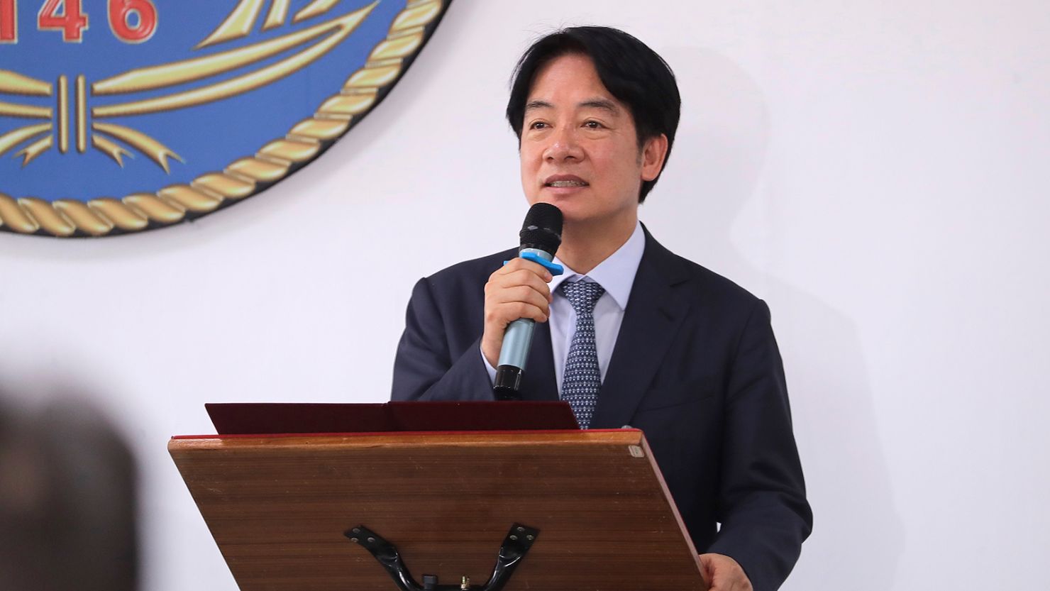 Taiwan President Lai Ching-te delivers a speech during his inspection of the Taiwanese navy on the outlying Penghu Island on September 6, 2024.