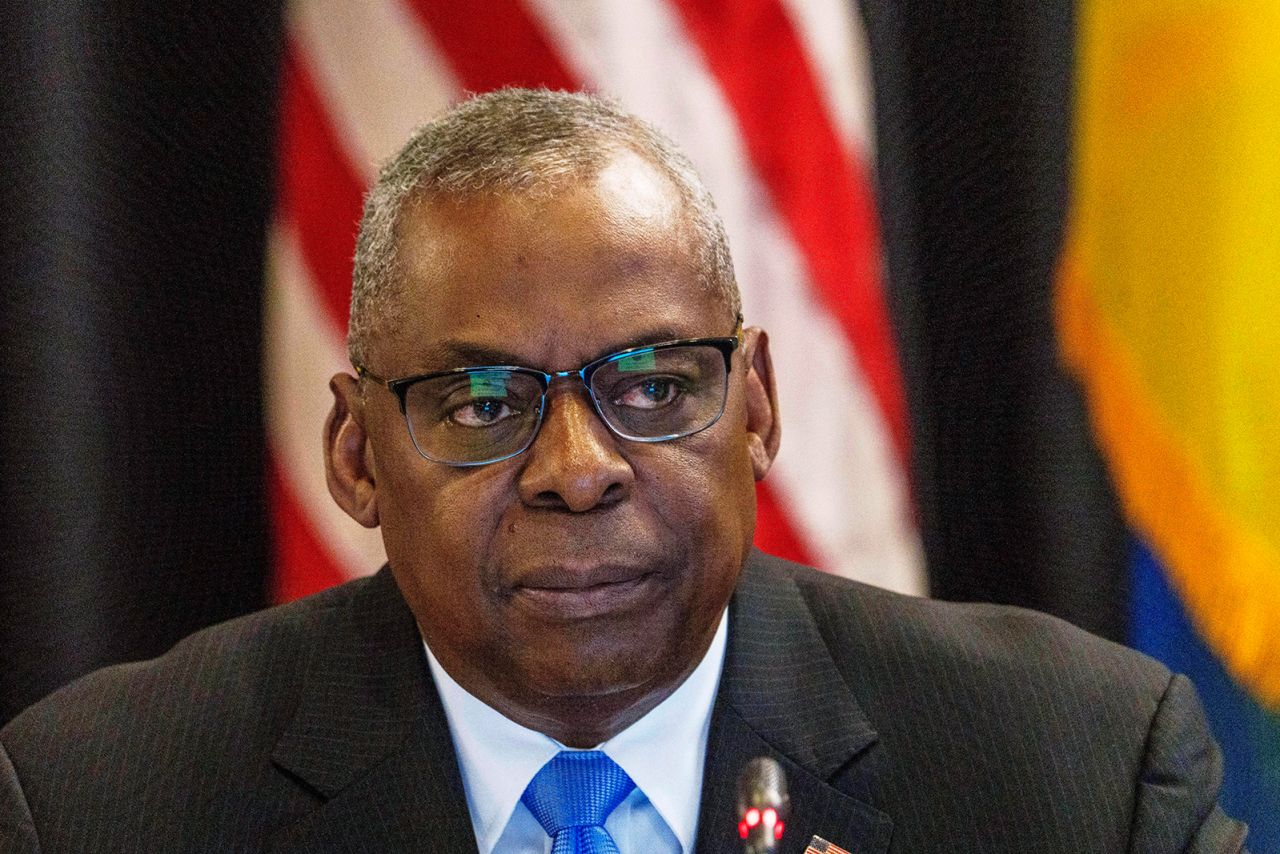 US Defense Secretary Lloyd Austin attends a meeting at Ramstein Air Base in Ramstein-Miesenbach, Germany, on September 6.