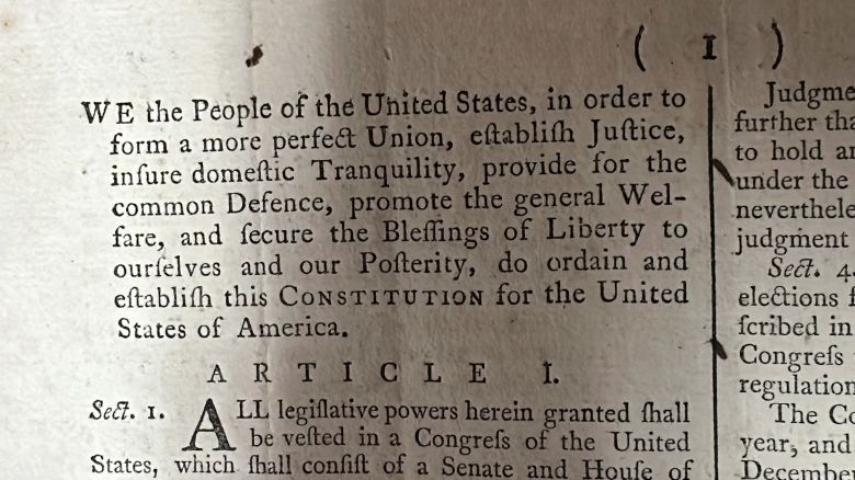 Part of an 1787 copy of the U.S. Constitution is shown at Brunk Auctions in Asheville, North Carolina, on September 5, 2024.