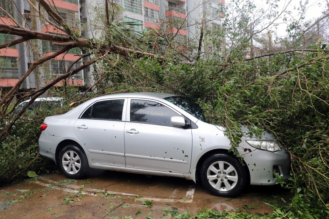 A fallen tree lies on a car as typhoon Yagi brings strong wind in Haikou, Hainan Province of China on September 7, 2024.