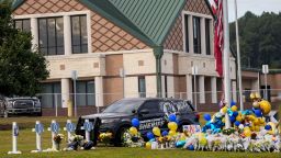 A memorial is seen at Apalachee High School after the Wednesday school shooting, Saturday, Sept. 7, 2024, in Winder, Ga.  (AP Photo/Mike Stewart)