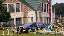 A memorial is seen at Apalachee High School after the Wednesday school shooting, Saturday, Sept. 7, 2024, in Winder, Ga.  (AP Photo/Mike Stewart)