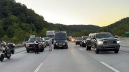 This image released by the Mount Vernon Fire Department shows traffic stopped during an active shooting on Interstate 75 north of London, Ky., Saturday, Sept. 7, 2024.