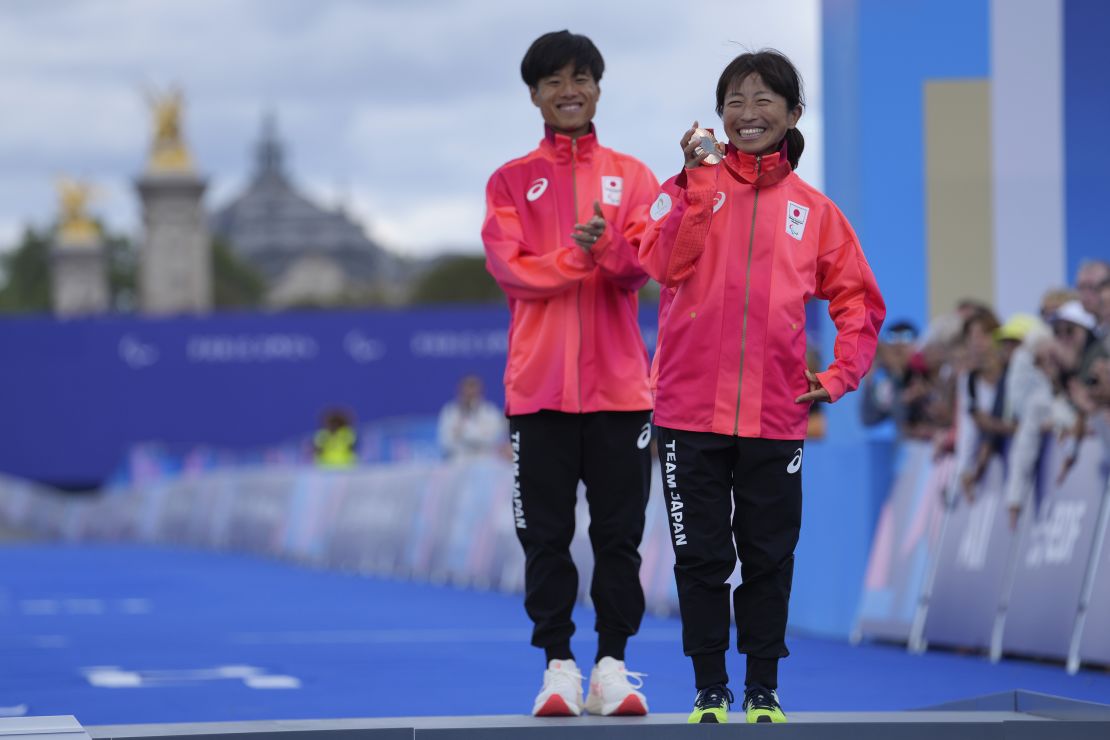 Japan's Misato Michishita poses with her bronze medal after the race.