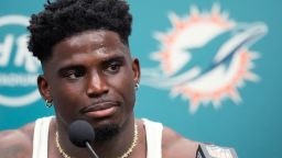 Miami Dolphins wide receiver Tyreek Hill speaks during an NFL football post game news conference, Sunday, Sept. 8, 2024, in Miami Gardens, Fla. The Dolphins defeated the Jaguars 20-17. (AP Photo/Rebecca Blackwell)