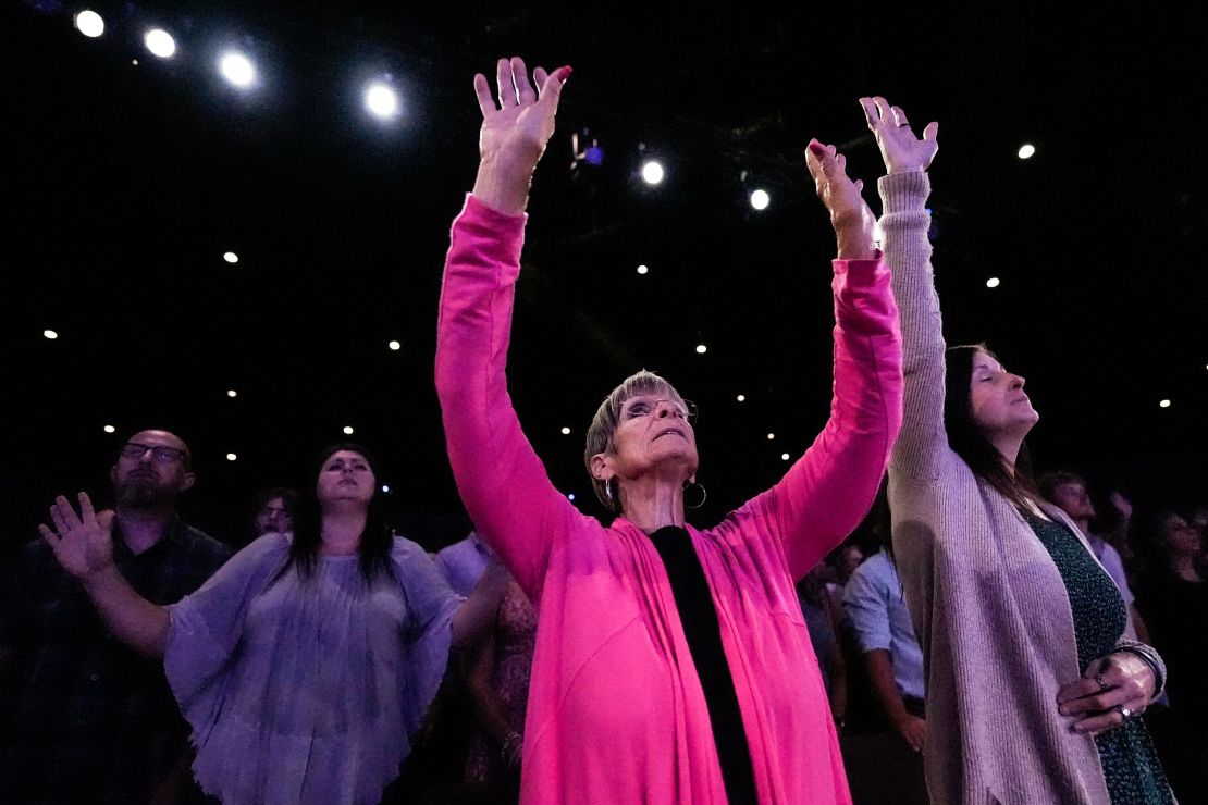 People pray during a Sunday service for Apalachee High School at Bethlehem Church, in Bethlehem, Georgia, on September 8.