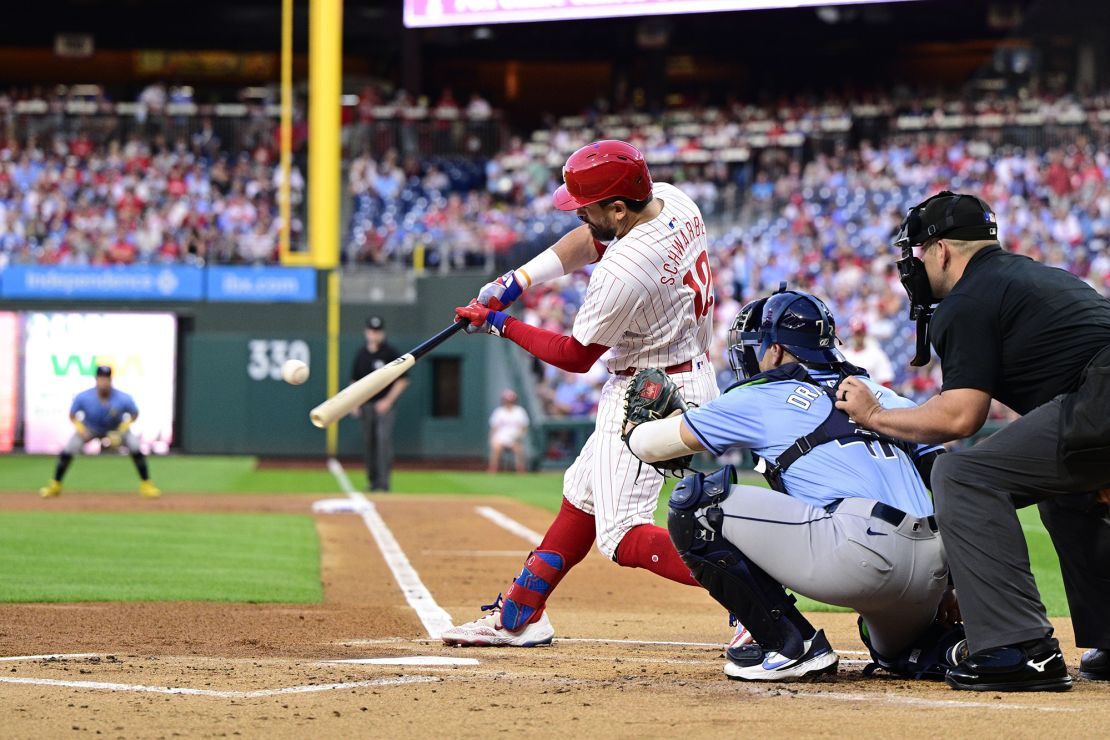 Schwarber hits a solo home run in the first inning against Taj Bradley of the Tampa Bay Rays.