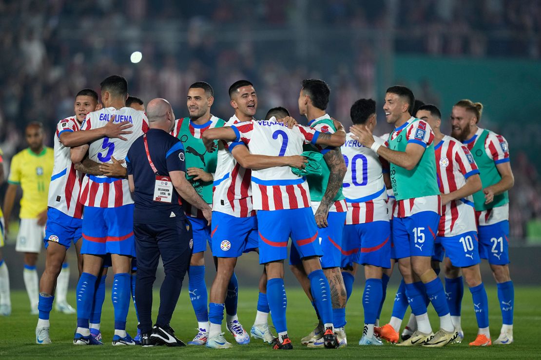 Paraguay's players celebrate victory over Brazil.