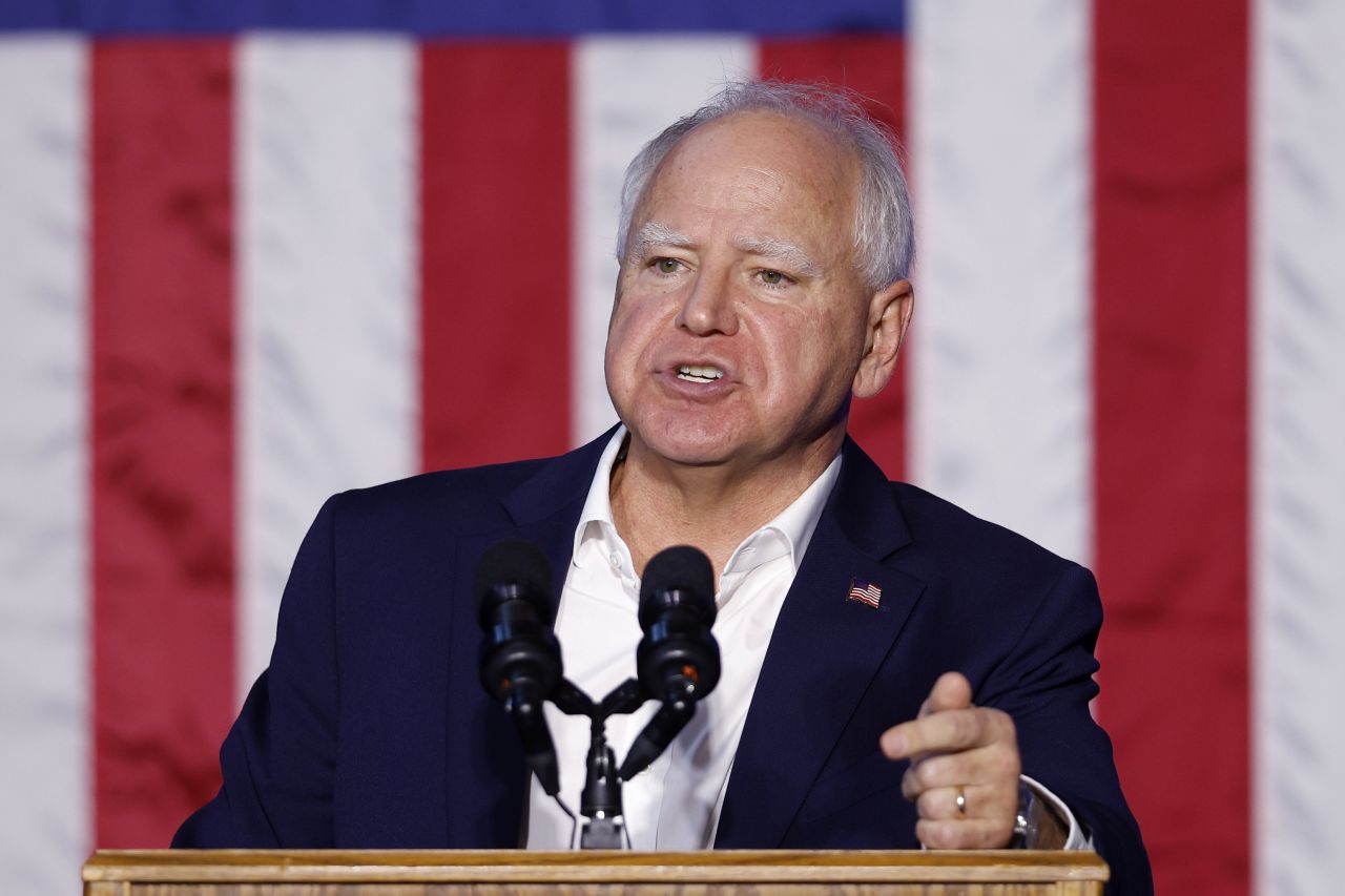 Minnesota Governor Tim Walz speaks at a campaign event on September 12 in Grand Rapids, Michigan.