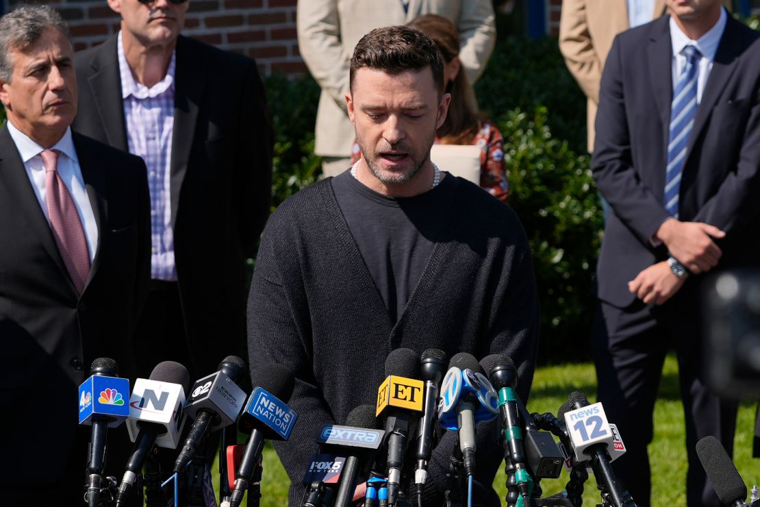 Justin Timberlake speaks to the press after a court hearing, Friday, Sept. 13, 2024, in Sag Harbor, N.Y.