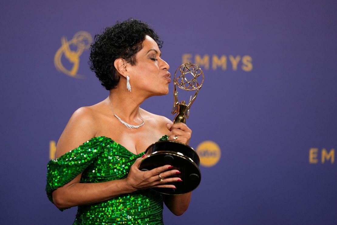 Liza Colon-Zayas poses in the press room with the award for Outstanding Supporting Actress in a Drama Series for 