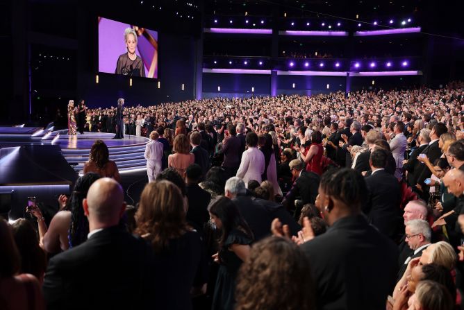 Jean Smart gives an acceptance speech next to presenter Candice Bergen after <a href="https://www.cnn.com/entertainment/live-news/emmy-awards-levy-09-15-24#h_9e9ccd374383ff281882cec07974fdbf">winning the Emmy Award for outstanding lead actress in a comedy series</a> ("Hacks"). It was Smart’s third Emmy win for “Hacks.” She has won six Primetime Emmys in total. “Thank you so, so much,” Smart said as she began her speech. “It’s very humbling, it really is, and I appreciate this because I just don’t get enough attention,” she joked.