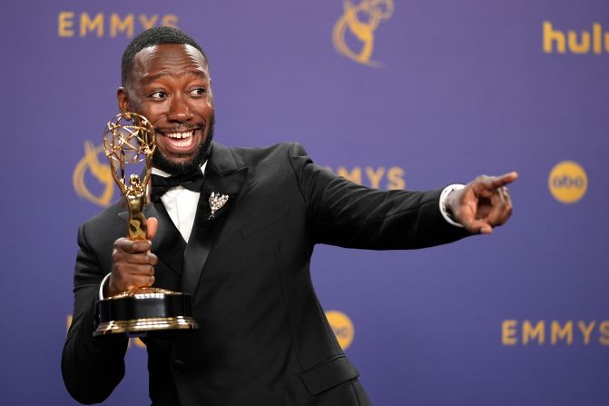 Lamorne Morris poses backstage with <a href="https://www.cnn.com/entertainment/live-news/emmy-awards-levy-09-15-24#h_0f69d6a97e81b644d122d37fdb55f066">the Emmy he won</a> for outstanding supporting actor in a limited series, anthology or TV movie ("Fargo").