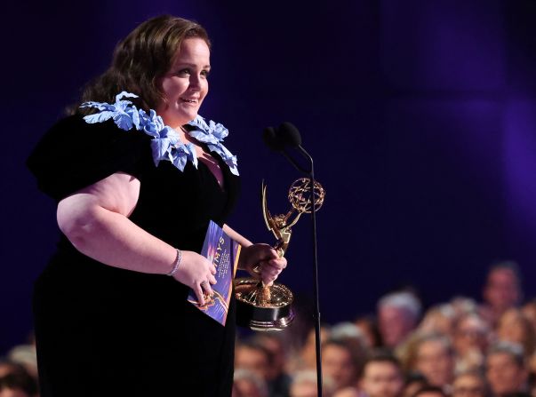 Jessica Gunning <a href="https://www.cnn.com/entertainment/live-news/emmy-awards-levy-09-15-24#h_f52f551674b41ed105cf7c351a45d3a1">accepts the Emmy Award</a> for outstanding supporting actress in a limited series, anthology or TV movie (“Baby Reindeer”).