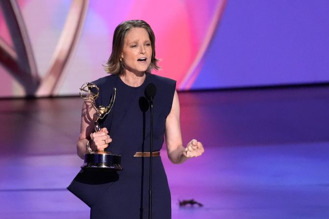 Jodie Foster accepts the award for outstanding lead actress in a limited series, anthology or TV movie ("True Detective: Night Country"). It's <a href="https://www.cnn.com/entertainment/live-news/emmy-awards-levy-09-15-24#h_b46788521514c3504cdb4827514bfbd0">the first Emmy</a> of her legendary career. “This is an incredibly emotional moment for me because ‘True Detective: North Country’ was just a magical experience,” Foster said. She also highlighted the indigenous people of northern Alaska, who figure in the show.