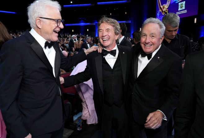 From left, Steve Martin, Martin Short and "Saturday Night Live" creator Lorne Michaels share a moment together at the Peacock Theater.