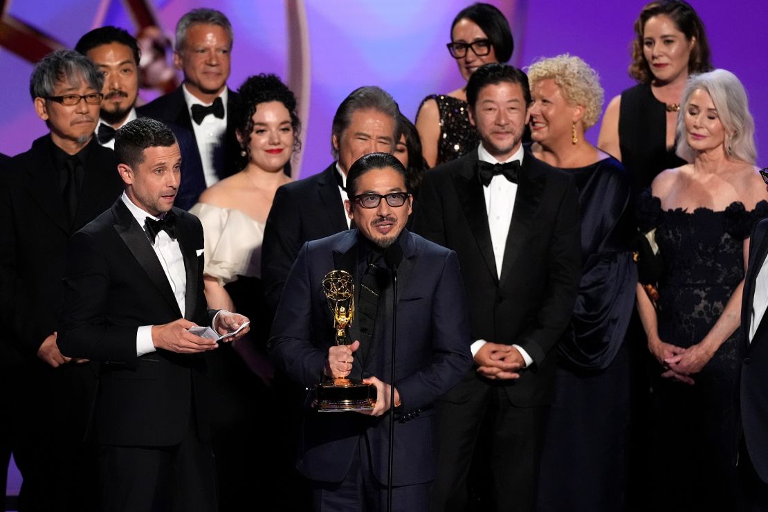 Justin Marks, center, and Hiroyuki Sanada, center right, and the team from "Shogun" accepts the award for outstanding drama series.