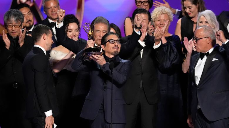 Justin Marks, left center, and Hiroyuki Sanada, center right, and the team from "Shogun" accepts the award for outstanding drama series during the 76th Primetime Emmy Awards on Sunday, Sept. 15, 2024, at the Peacock Theater in Los Angeles.