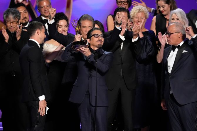 "Shōgun" star Hiroyuki Sanada holds up an Emmy after the show <a href="https://www.cnn.com/entertainment/live-news/emmy-awards-levy-09-15-24#h_53bef92d7237df815e5b1a7fe217d70d">won the award for outstanding drama series</a> on Sunday, September 15. Sanada, who also won the Emmy for outstanding lead actor in a drama series, gave one of his speeches in Japanese.