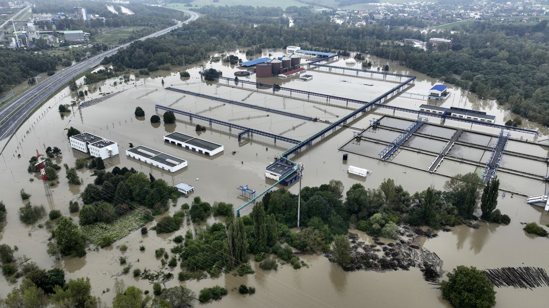 Drone footage of a sewage treatment plant in the Privoz district in Ostrava, Czech Republic on September 16, 2024.